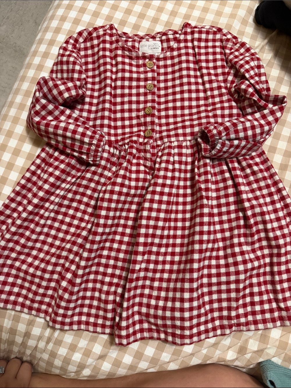 Little Planet Red Gingham Long-Sleeve Kids Flannel Dress Size 3T